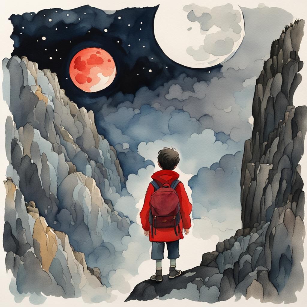 Boy Adventurer Under Moon in Watercolor Painting