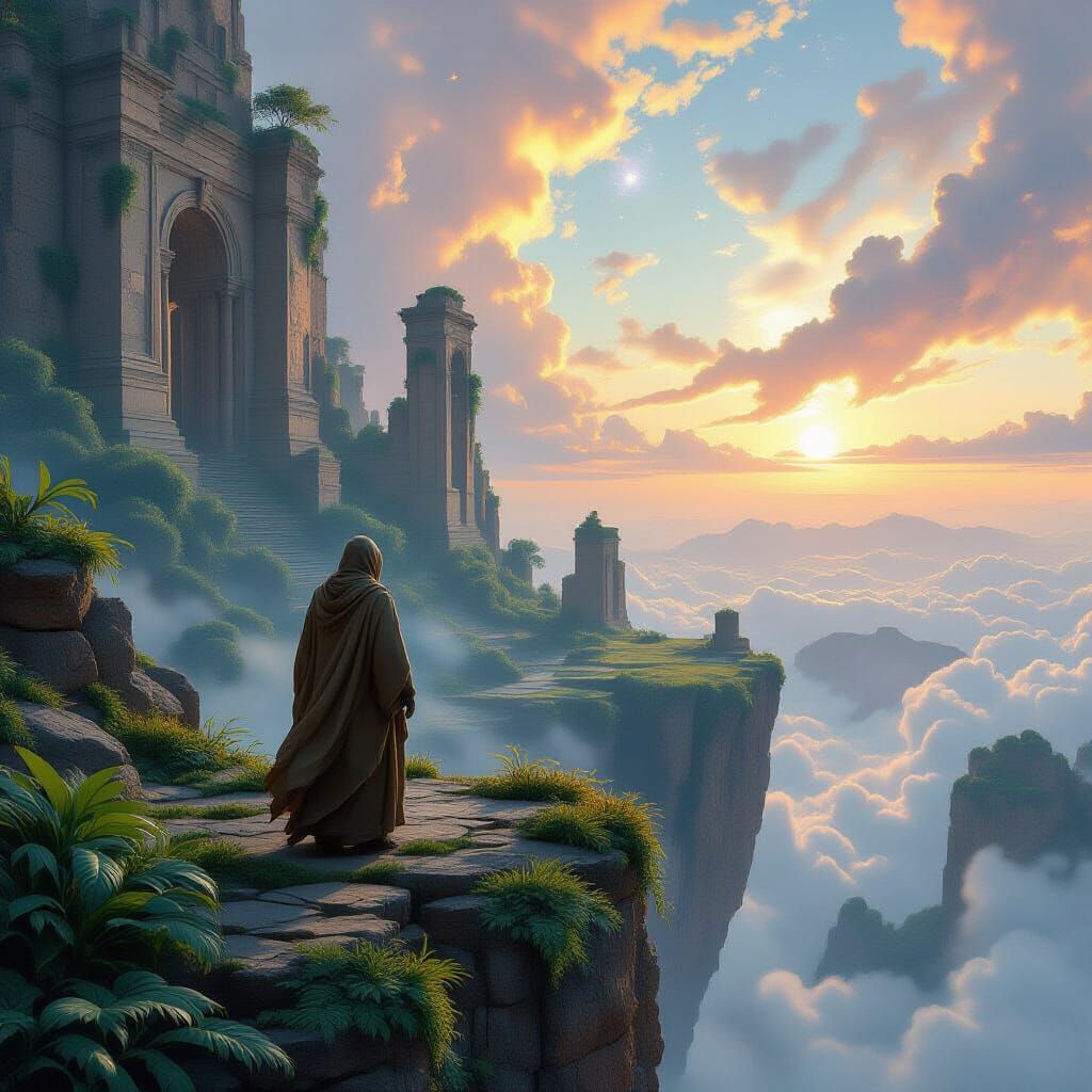 Wanderer on Floating Island with Nebulae, Hyperrealistic Sty...