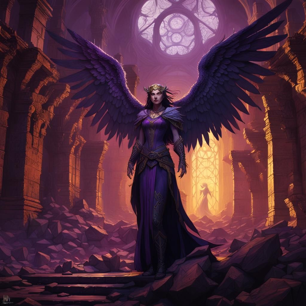 Winged Sorceress in Ruby Realm: Dark Fantasy Art