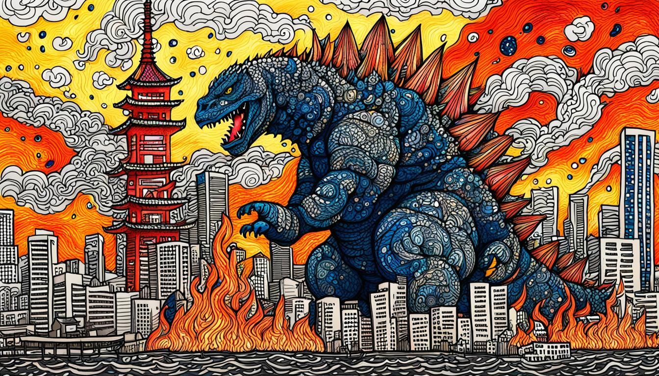 Godzilla Attacks Tokyo in Colorful Zentangle Doodle