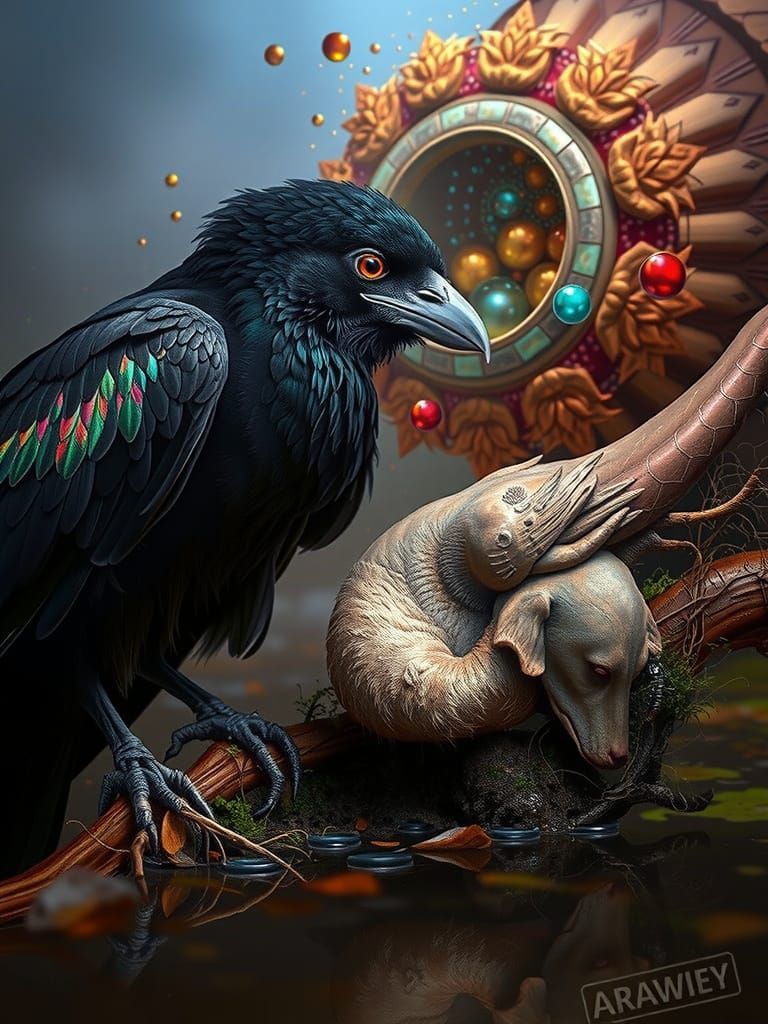 Mystical Crow and Hound by Foggy Riverbank