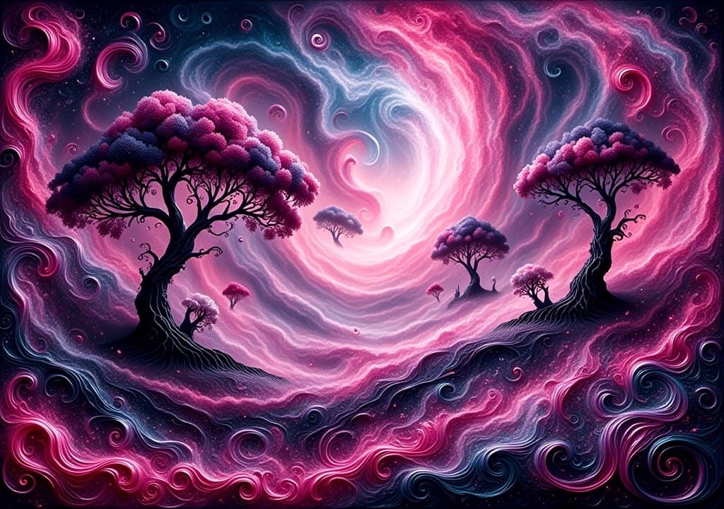 Fantasy Landscape with Swirls in Watercolor Style