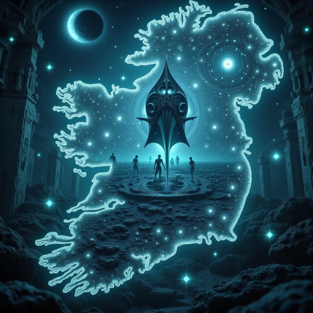 Ireland Map Double Exposure with Alien Symbols