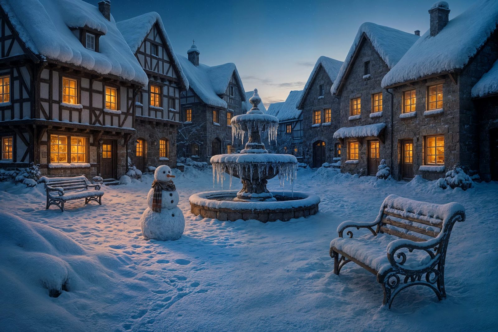 Winter Snowfall Transforms European Village Square