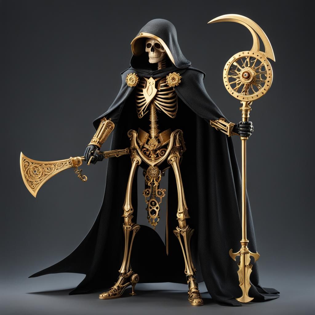 Clockwork Skeleton with Scythe and Golden Cogs