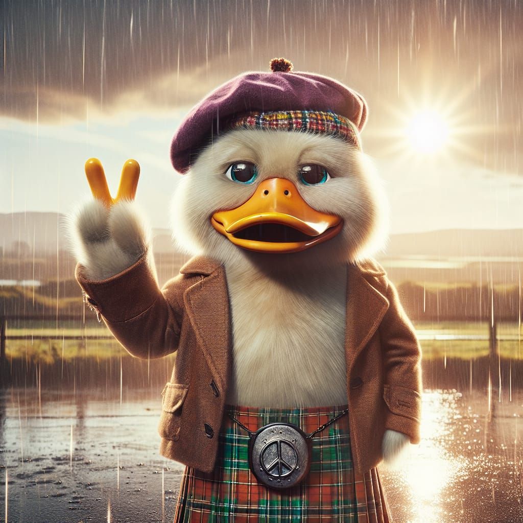 Anthropomorphic Duck in Kilt with Retro Sunrays