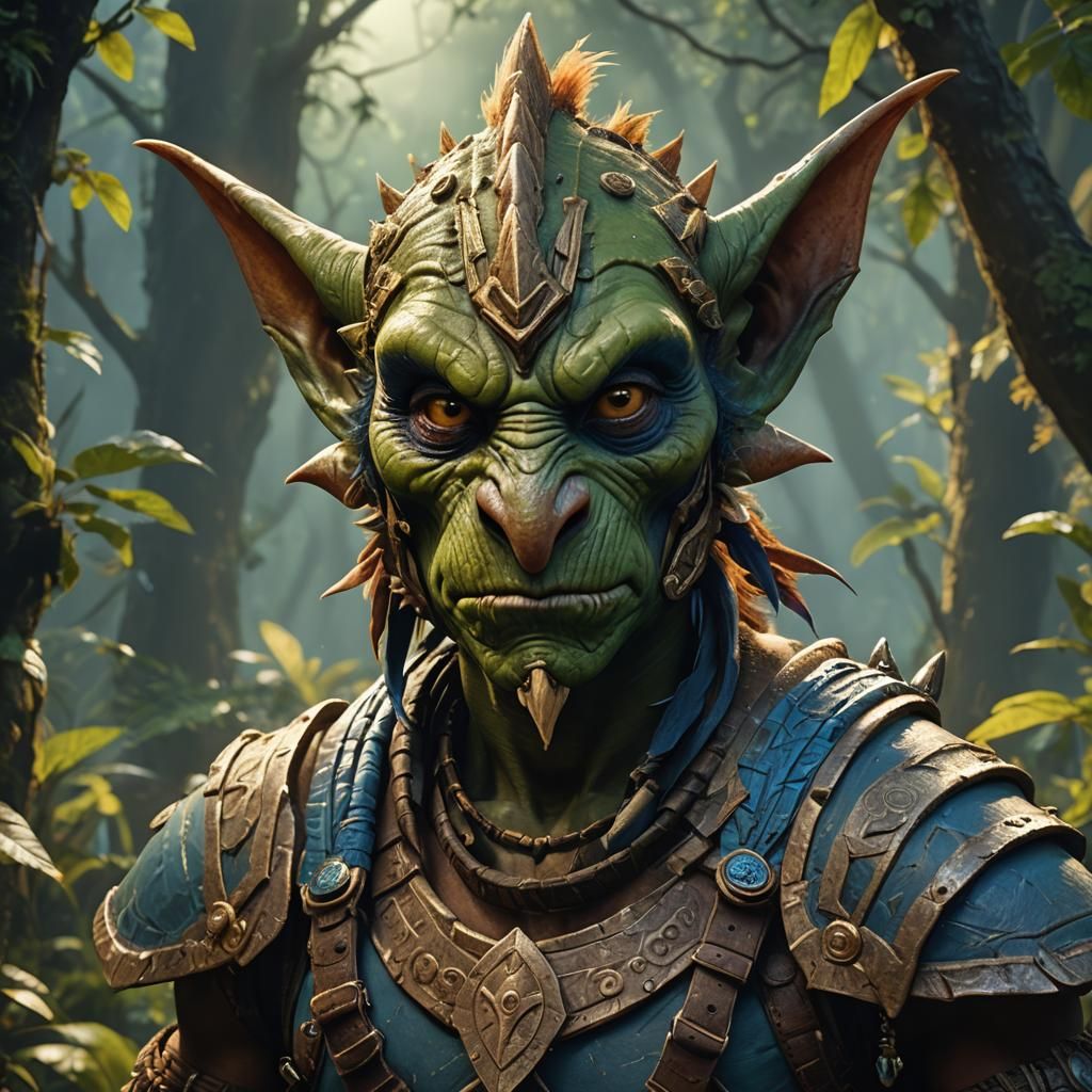 Tribal Goblin Warrior Portrait in Mystical Forest