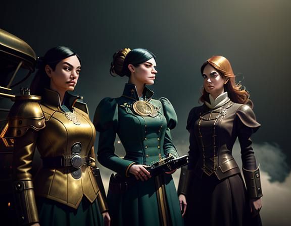 Steampunk Women in Time Machine: Cinematic Digital Art