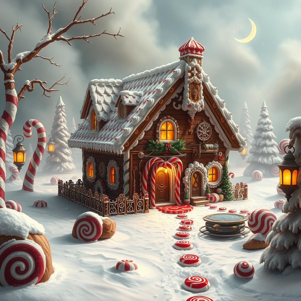 Steampunk Gingerbread House in Surreal Winter Wonderland