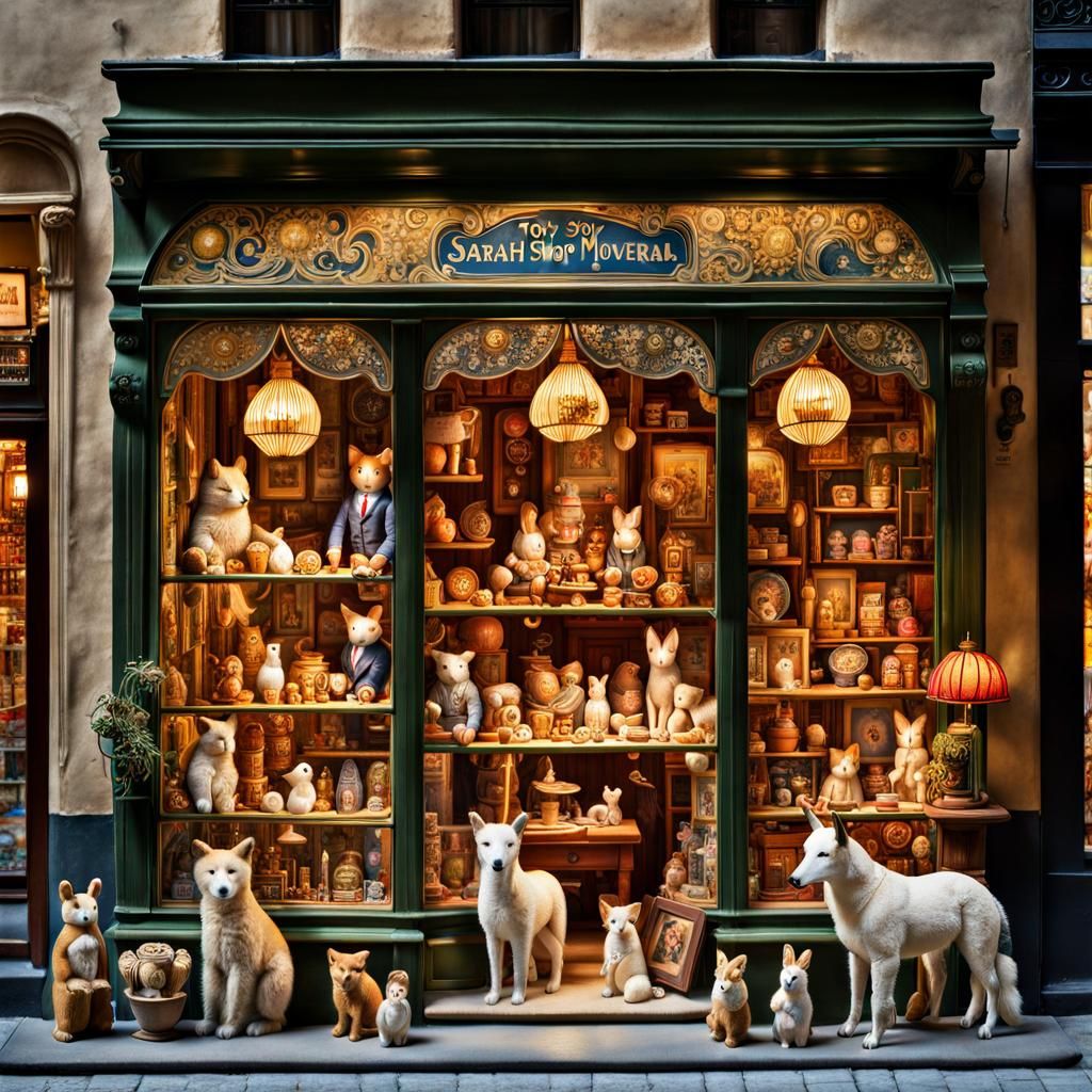 Toy Shop Window in Watercolor and Ink Style