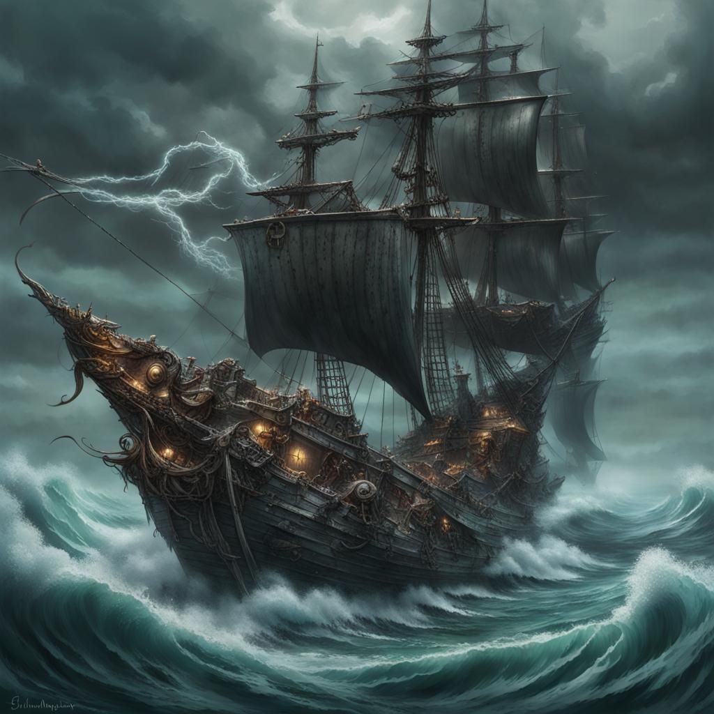 Ghost Pirate Ship on Stormy Ocean, Splash Art