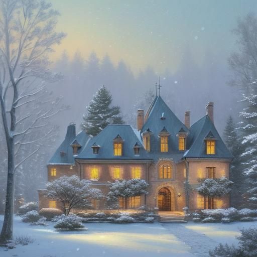 Majestic Chateau in Winter, Impressionist Oil Painting