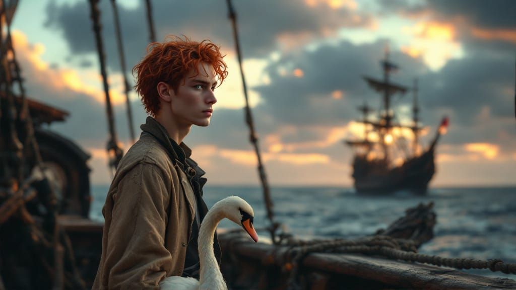 Man on Ship with Swan, Pirate Ship Approaching