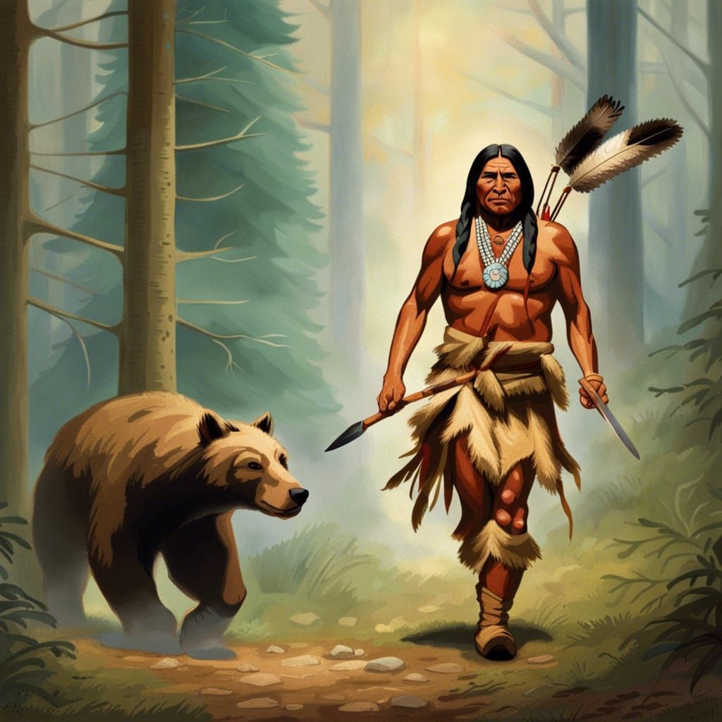 Native American Warrior and Bear Spirit in Forest