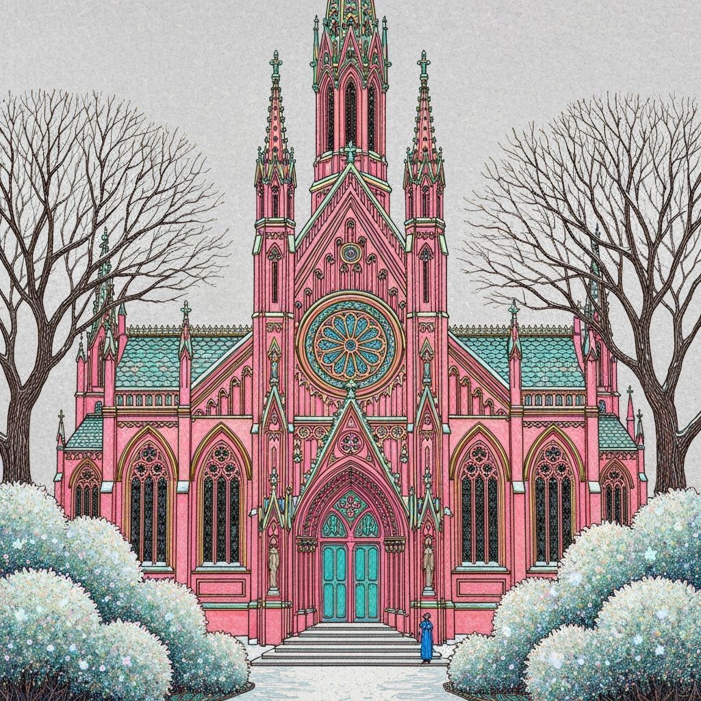 Whimsical Pink Gothic Church with Gold and Teal Accents