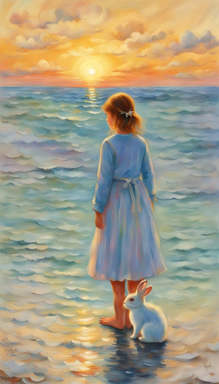 Young Girl Stands at Sunset Beside a White Rabbit, Magical R...