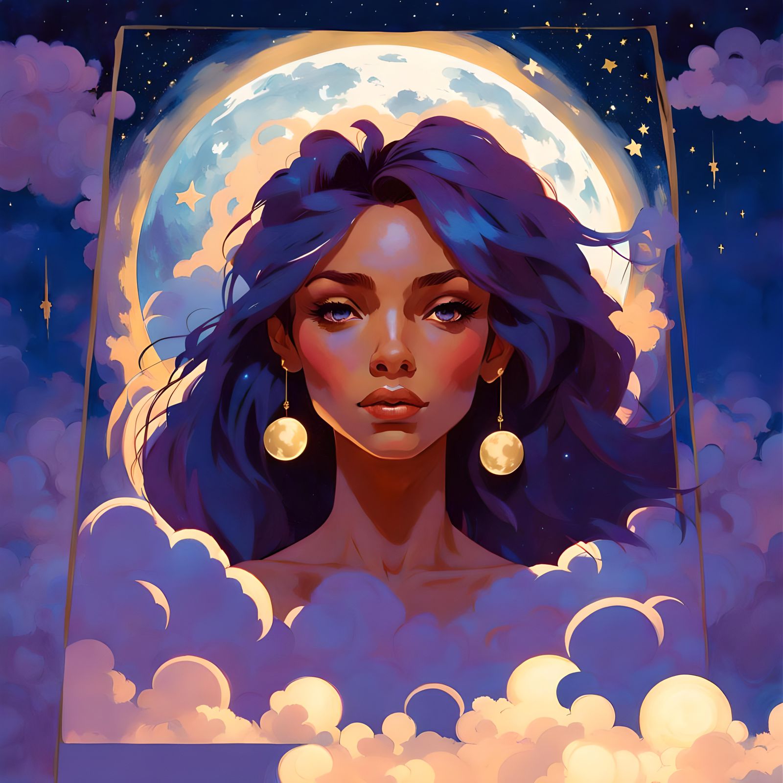 Celestial Woman with Star Earrings in Dreamy Clouds