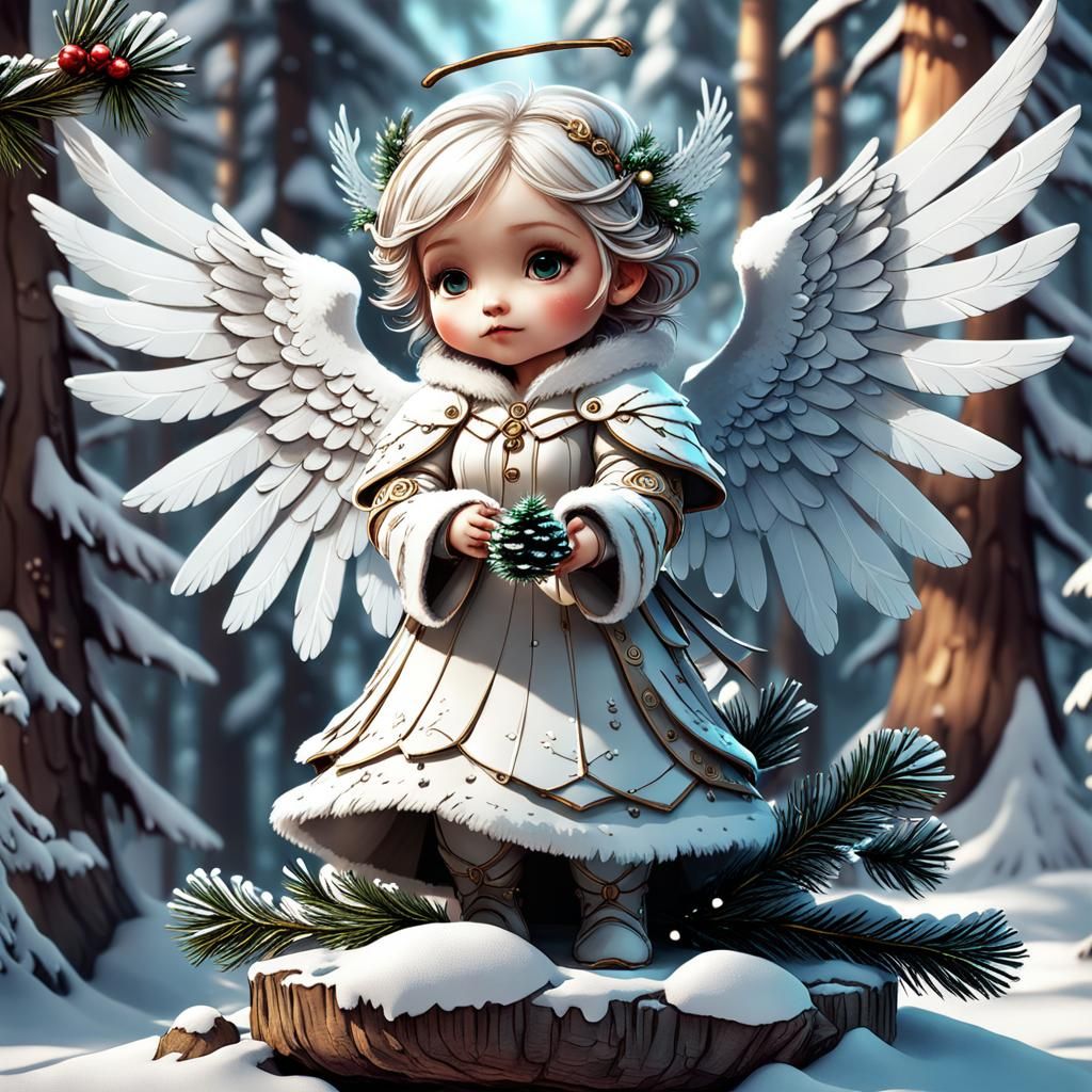 Chibi Angel Trimming Christmas Tree in Fantasycore Style