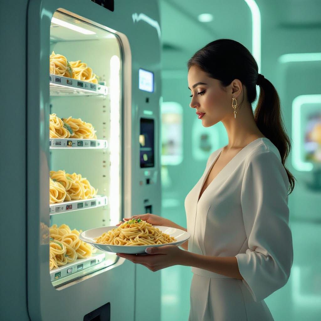 Woman with Pasta in Futuristic Vending Machine Setting