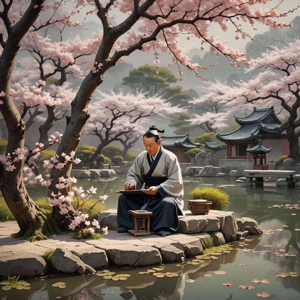Ancient Chinese Scholar in Cherry Blossom Garden