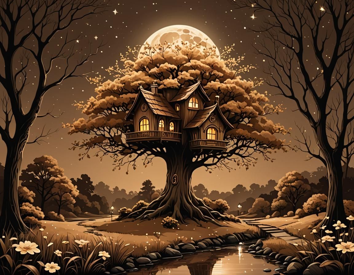 Brown Monochrome Illustration of Tree and Fairy House