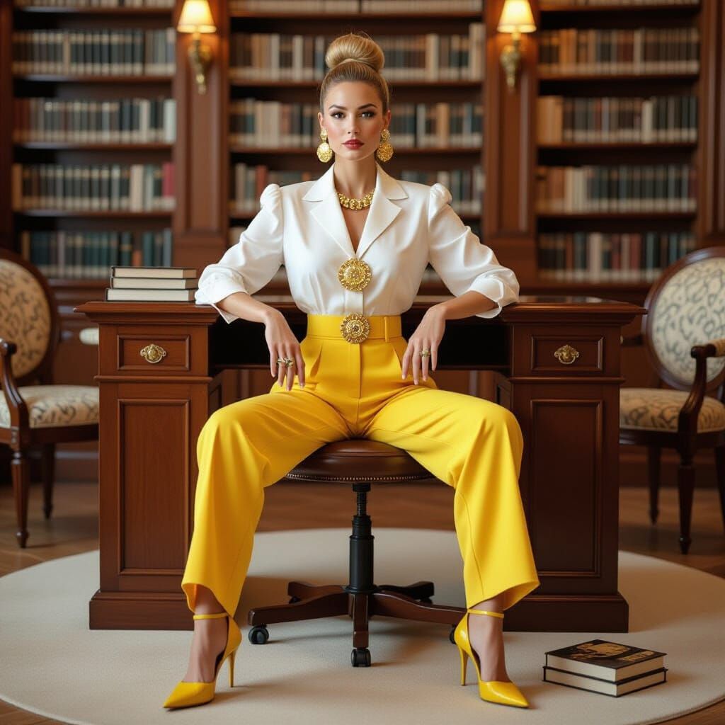 Blond Woman in Yellow Pantsuit at Librarian's Desk