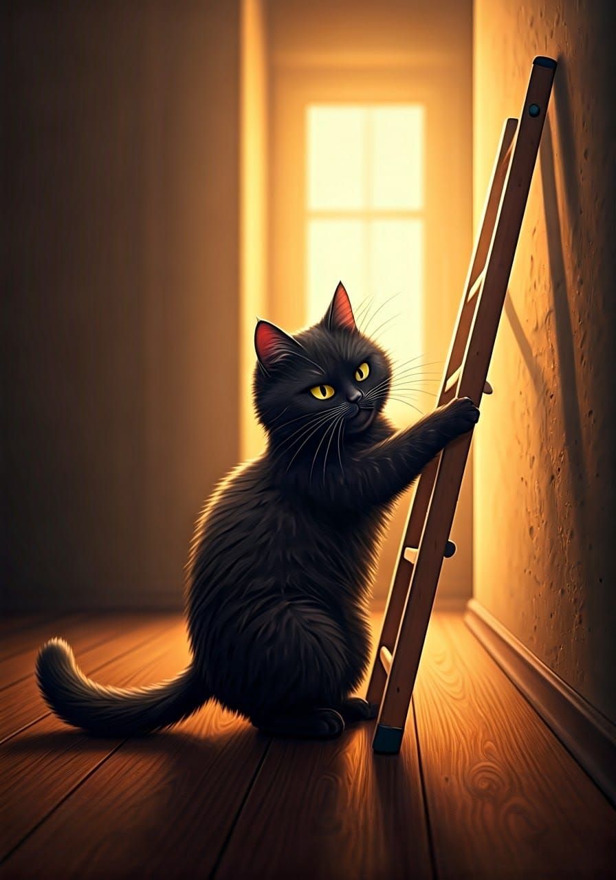 Mischievous Black Cat Pushes Ladder Over