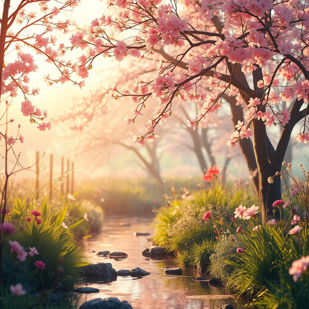 Vibrant Springtime Scene in Watercolor and 3D