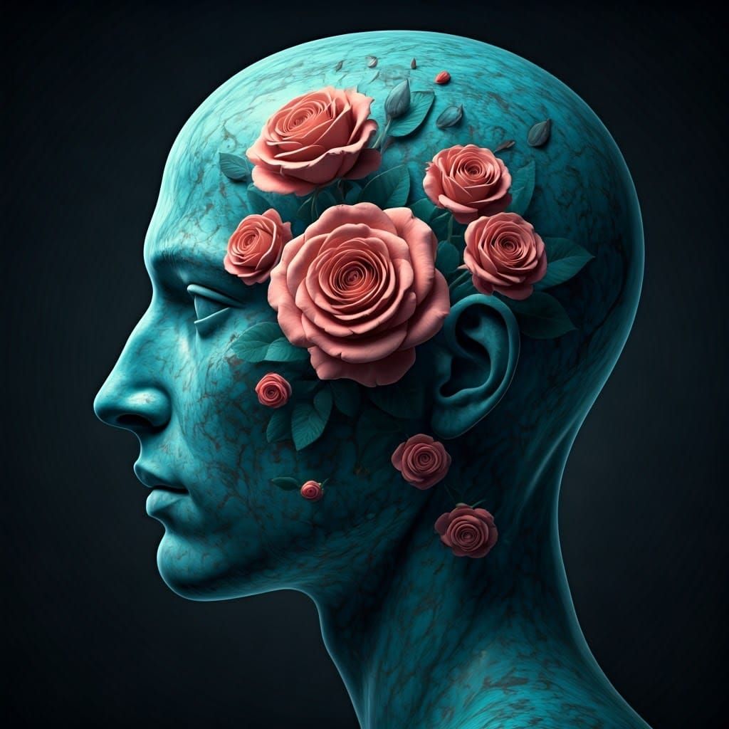 Marble Head Profile Reveals Rose Bouquet Interior