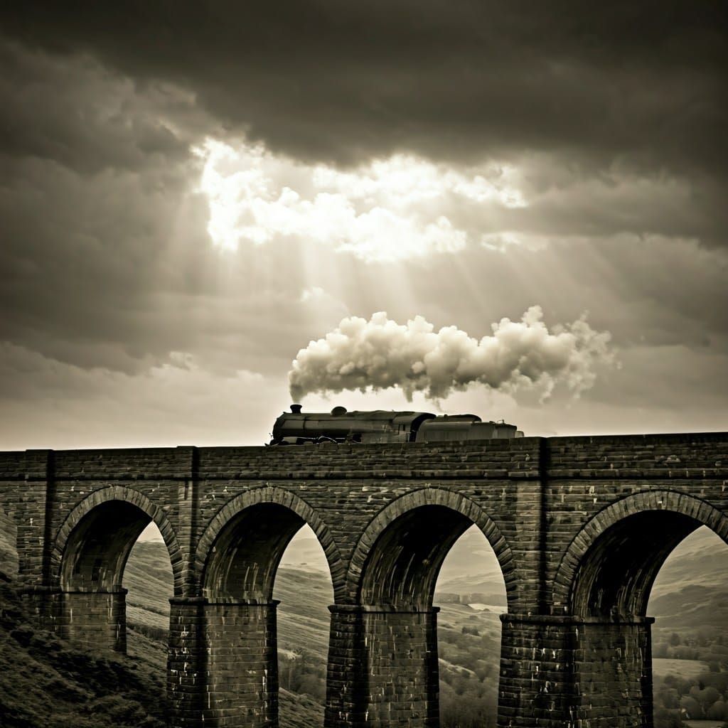 Steam Train on Viaduct: Atmospheric Black and White Photo