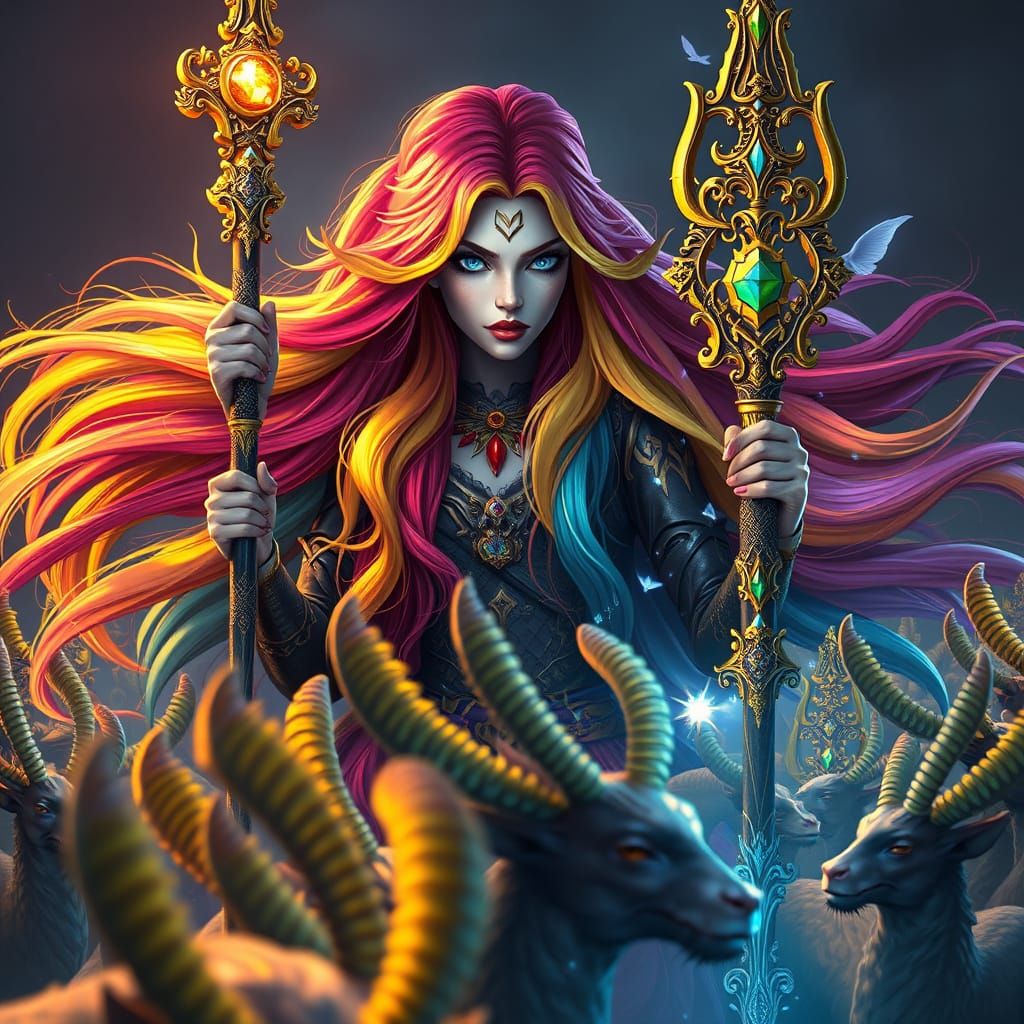 Mage with Rainbow Hair and Jackolope Horde