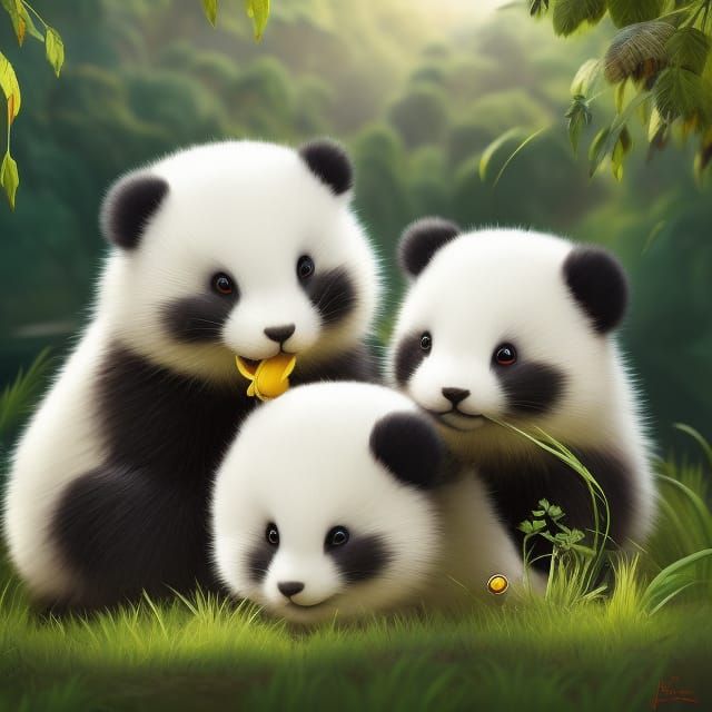 Playful Pandas in Lush Bamboo Forest: Digital Painting