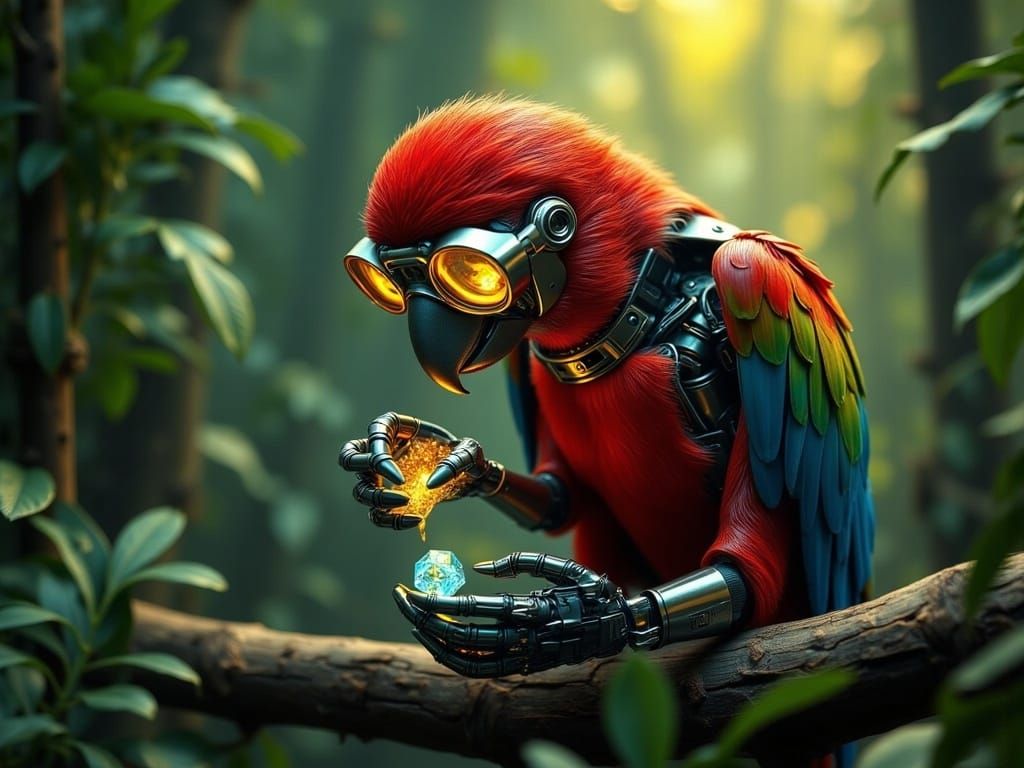 Cybernetic Macaw Parrot with Diamond in Rainforest