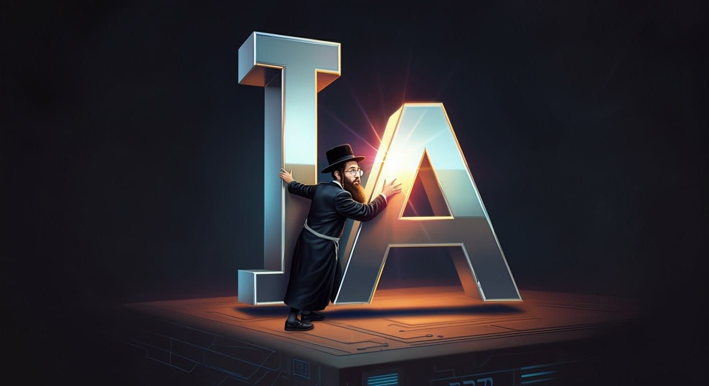 Hasidic Scholar Plays with Giant Metallic Letters in Realist...