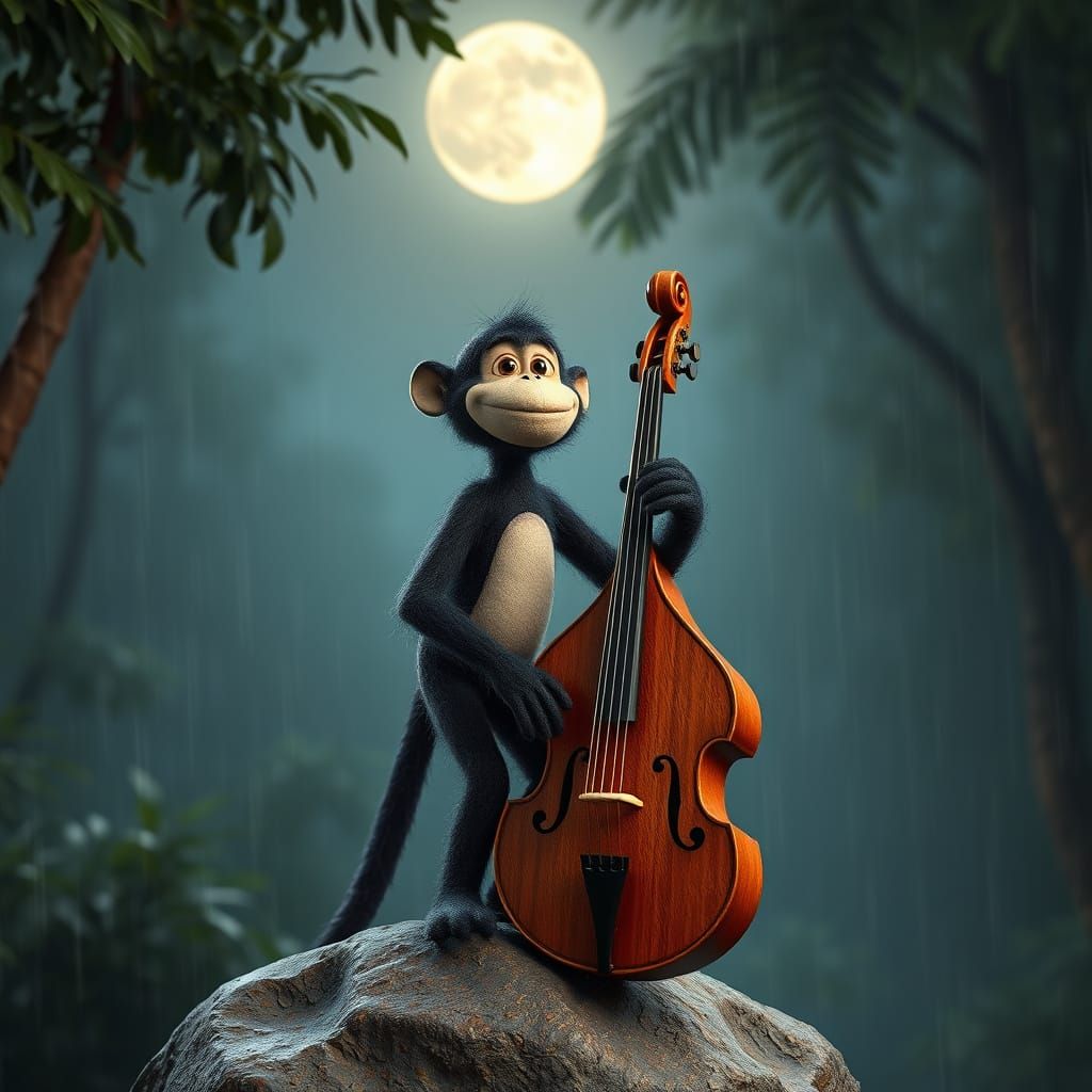 Happy Jazz Monkey on a Moonlit Rock