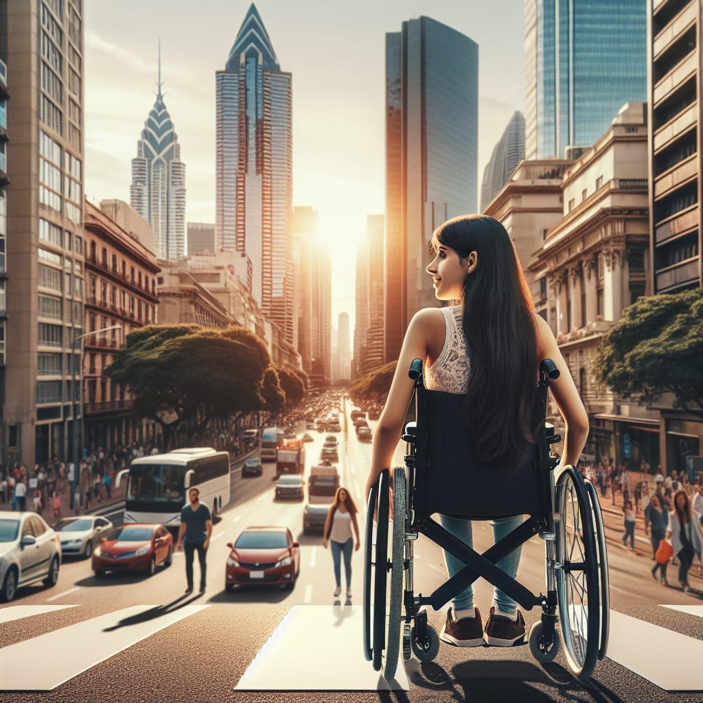 Hispanic Woman in Wheelchair Navigates City Street