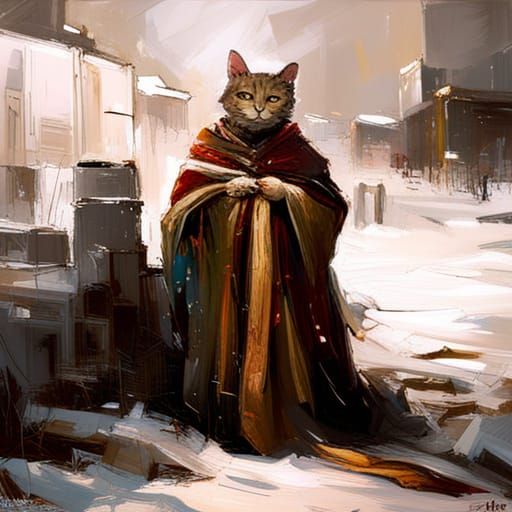 Cat Wizard in Snow, Detailed Oil Painting