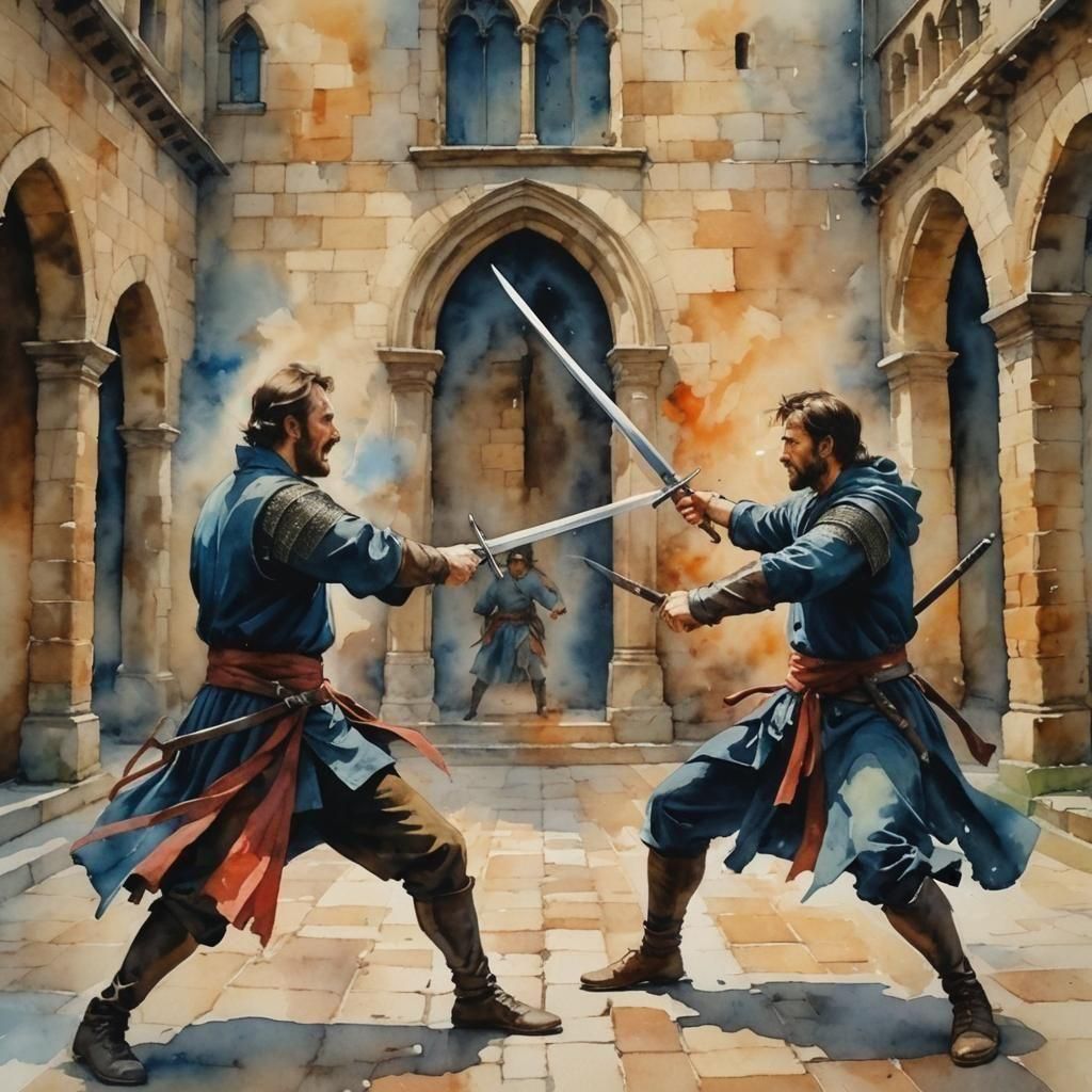 Medieval Duel: Swords Clash in Watercolor Painting