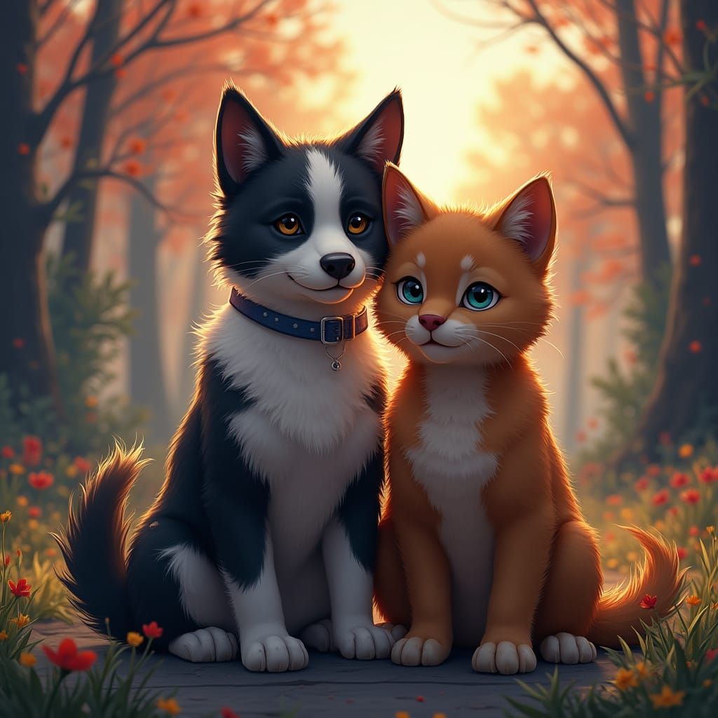 Handsome Cat and Dog in Dreamy Matte Painting