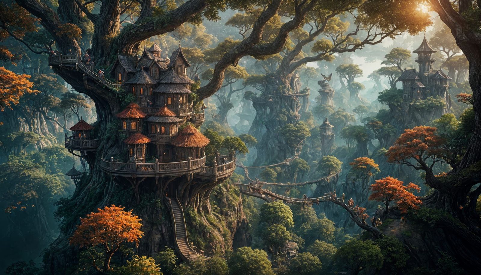 Fantastical Treetop Village in Detailed Matte Painting