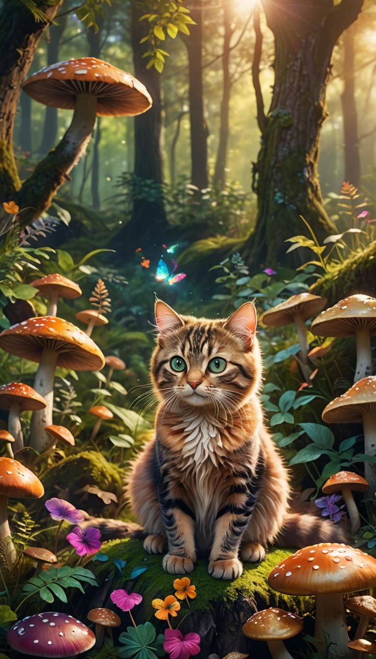 Cute Cat on Mushroom in Whimsical Forest