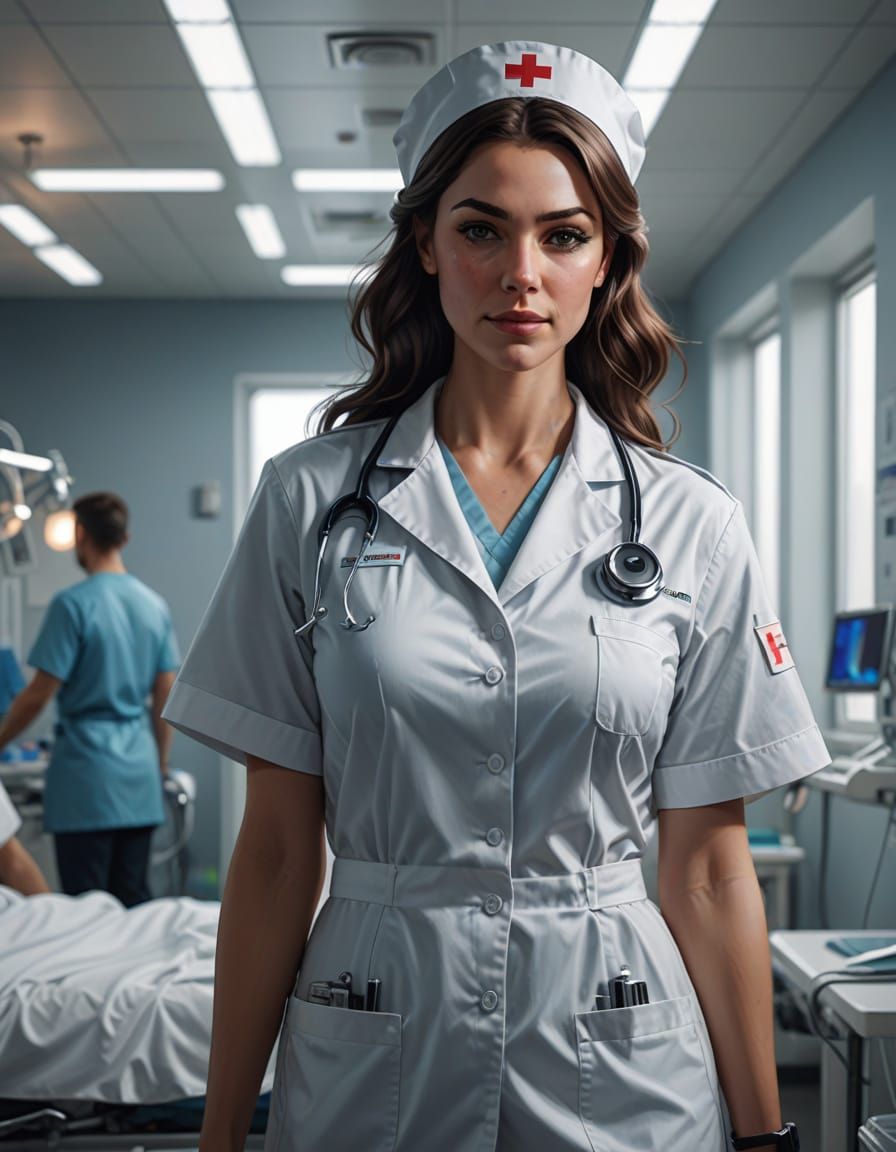 Beautiful Nurse in Sterile Hospital Room - Digital Painting
