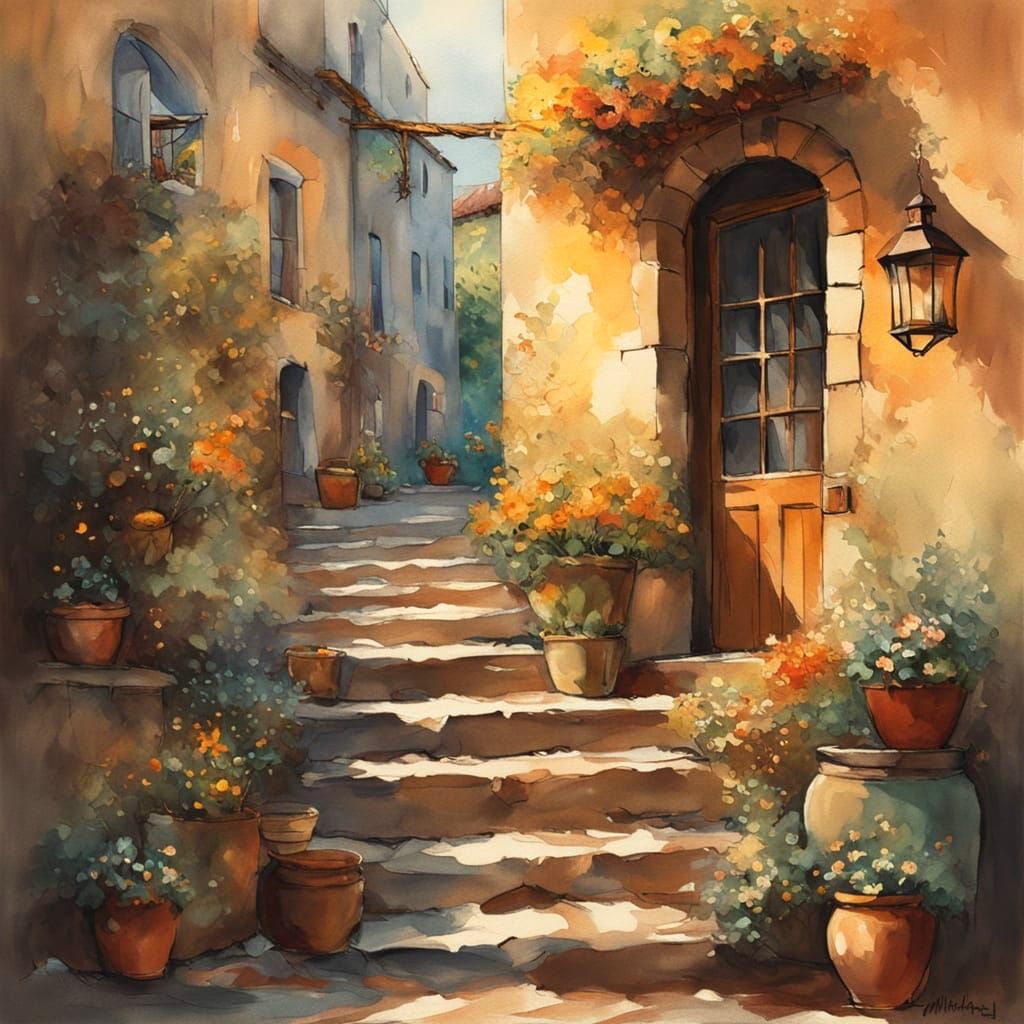 Rustic Old Town Street Scene in Watercolor Style