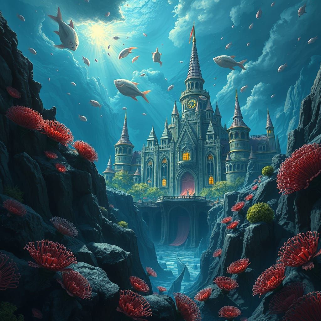 Underwater Palace with Glowing Coral, Matte Painting