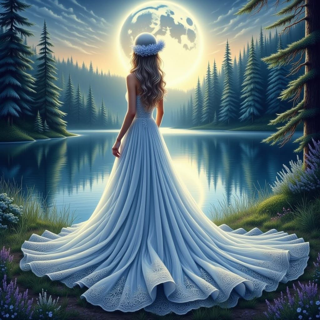 Ethereal Moonlit Bride in Surreal, Dreamlike Landscape