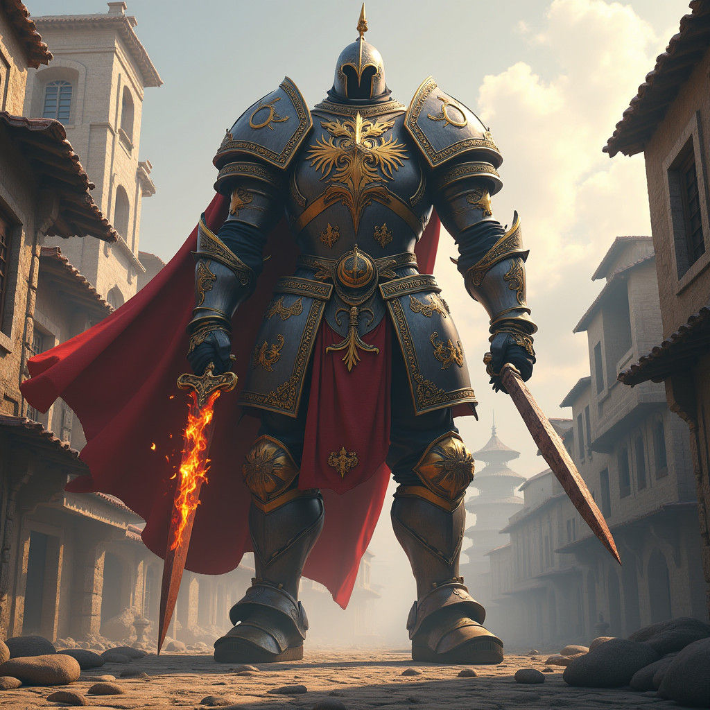 Giant Armored Warrior in Ancient City, 3D Anime Art