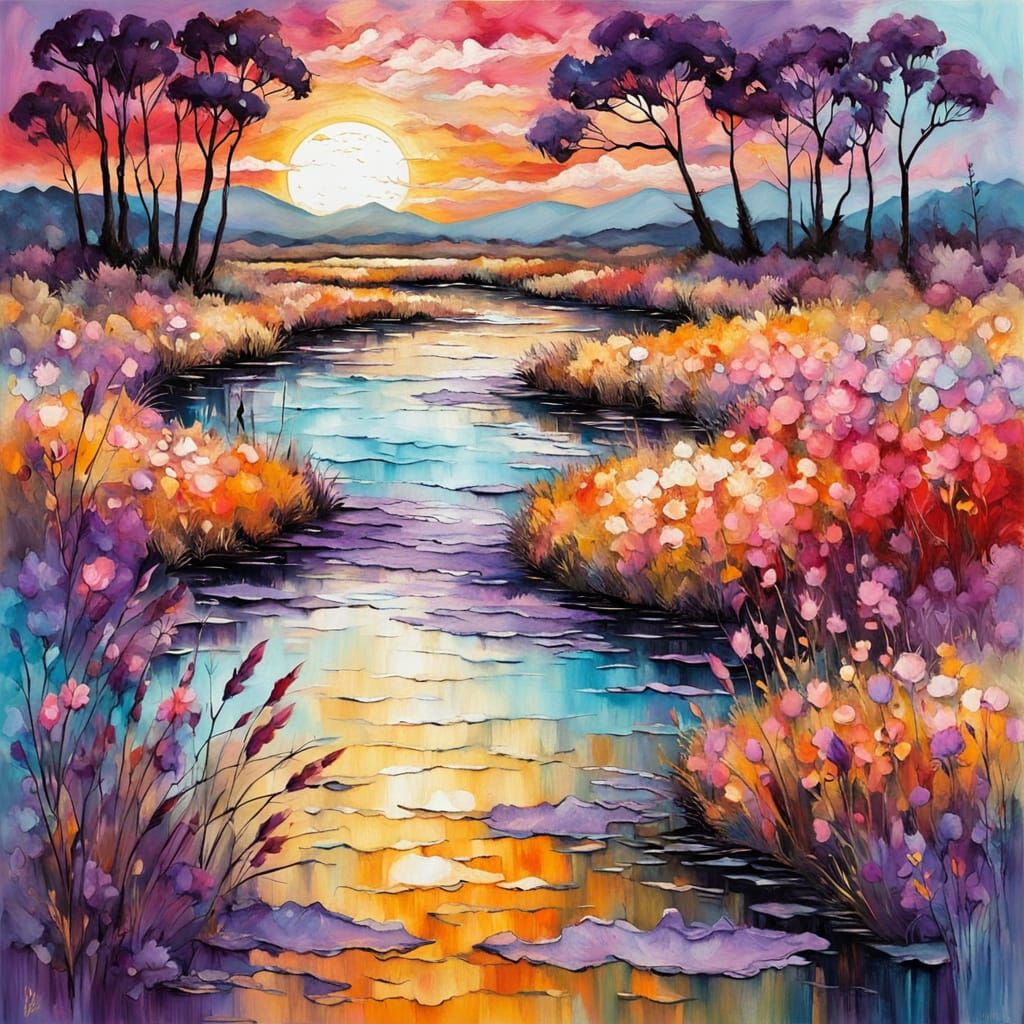 Surreal Impasto Landscape at Sunset