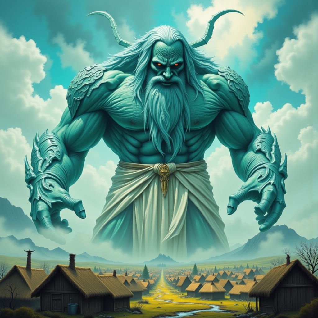 Turquoise God Overlooking Village, in Sci-Fi Style