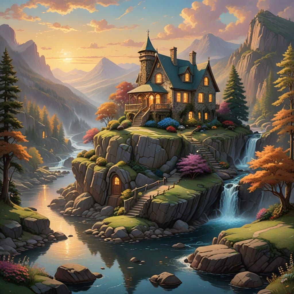 Mystical Cottage on Rock Overlooking River
