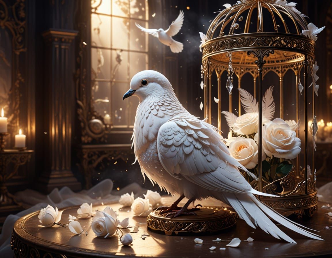 Ethereal Dove in Chandelier Cage with Rose Petals